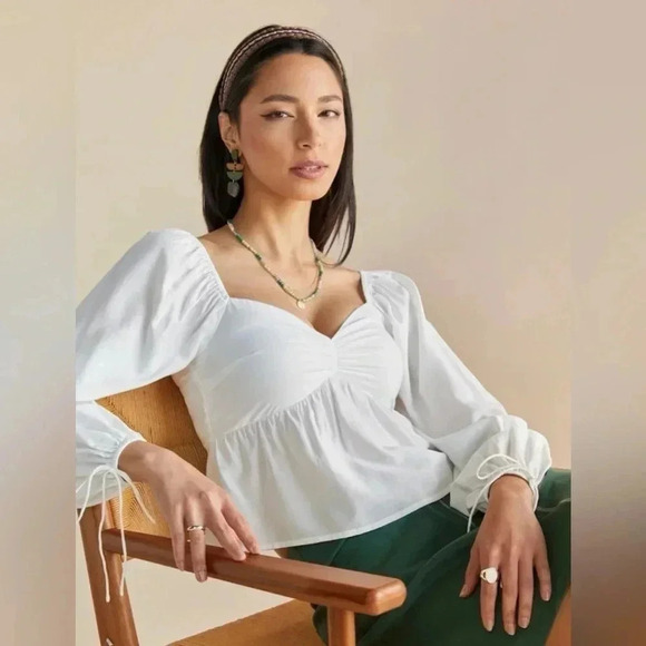 Francesca's White Lindsey Tie Cinched Blouse Small - Picture 1 of 4